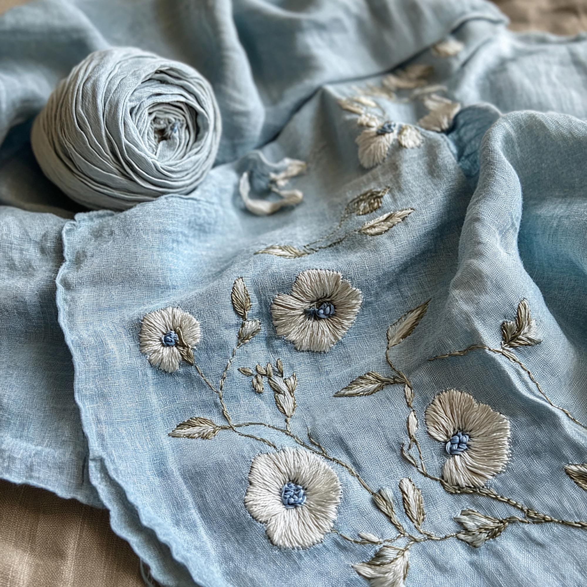 haft ręczny na lnianej tkaninie z detalem kwiatowym